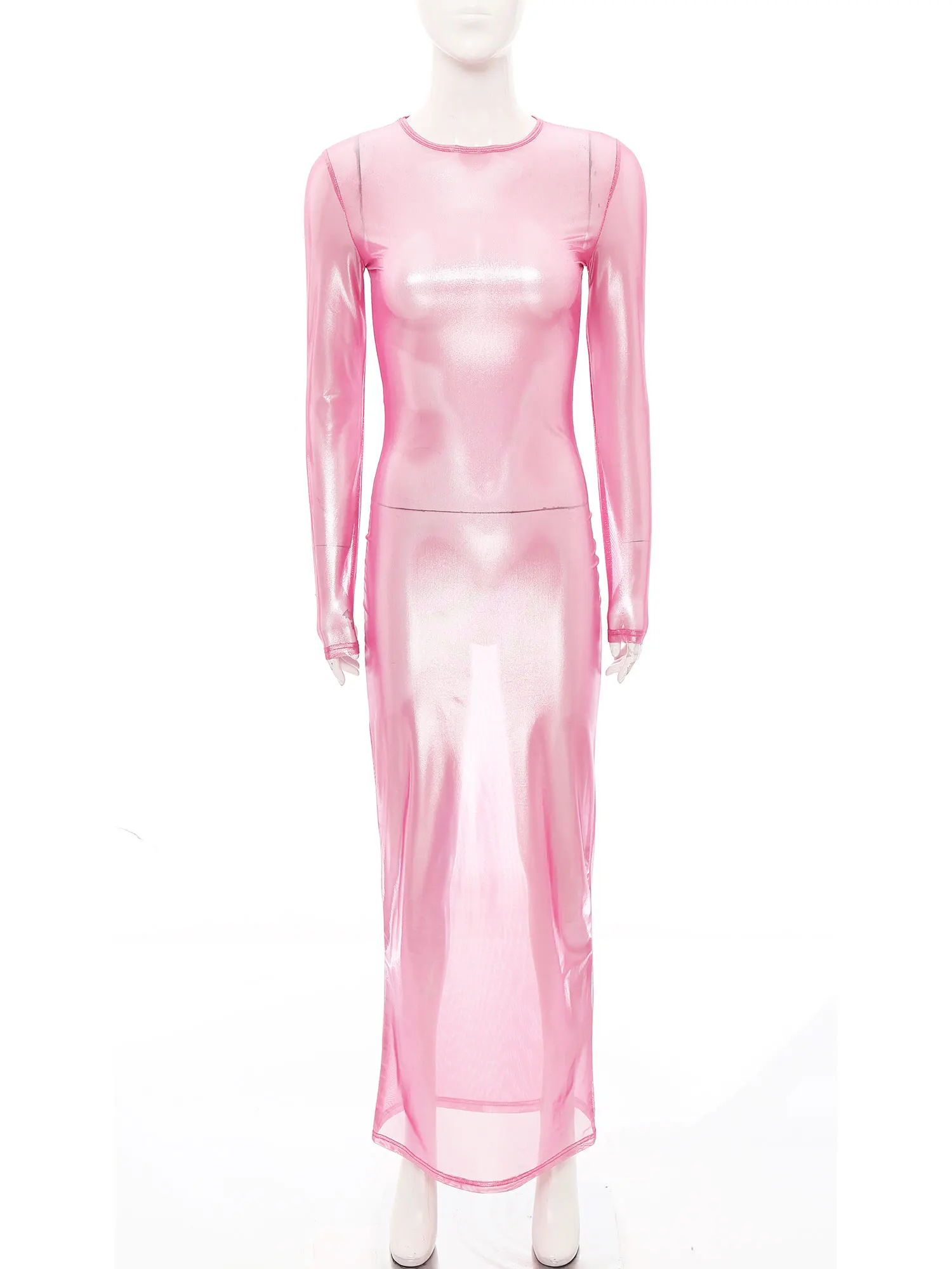 Womens Shiny Metallic Sheer Long Dress See Through Long Sleeve Bodycon Maxi Dress Cover Ups Rave Party Night Club Wear Underwear
