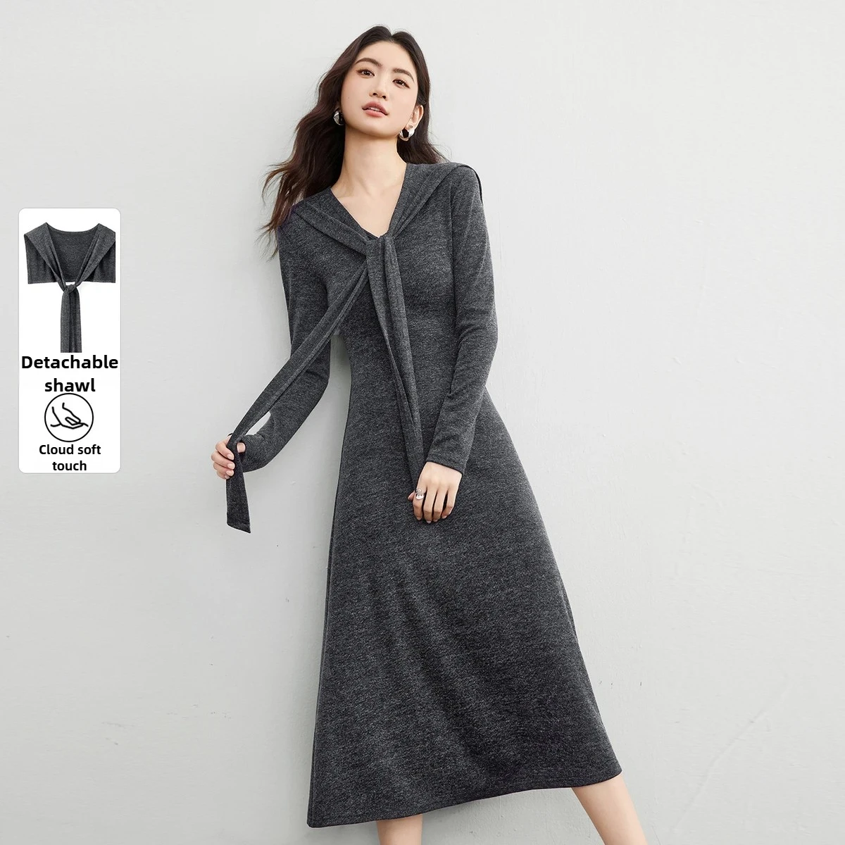 

SENTUBILA Women's A-Line Knitted Dress 2025 Autumn V-Neck Contrast Buckle Detachable Shawl Elegant Women's Clothing 153LI3104