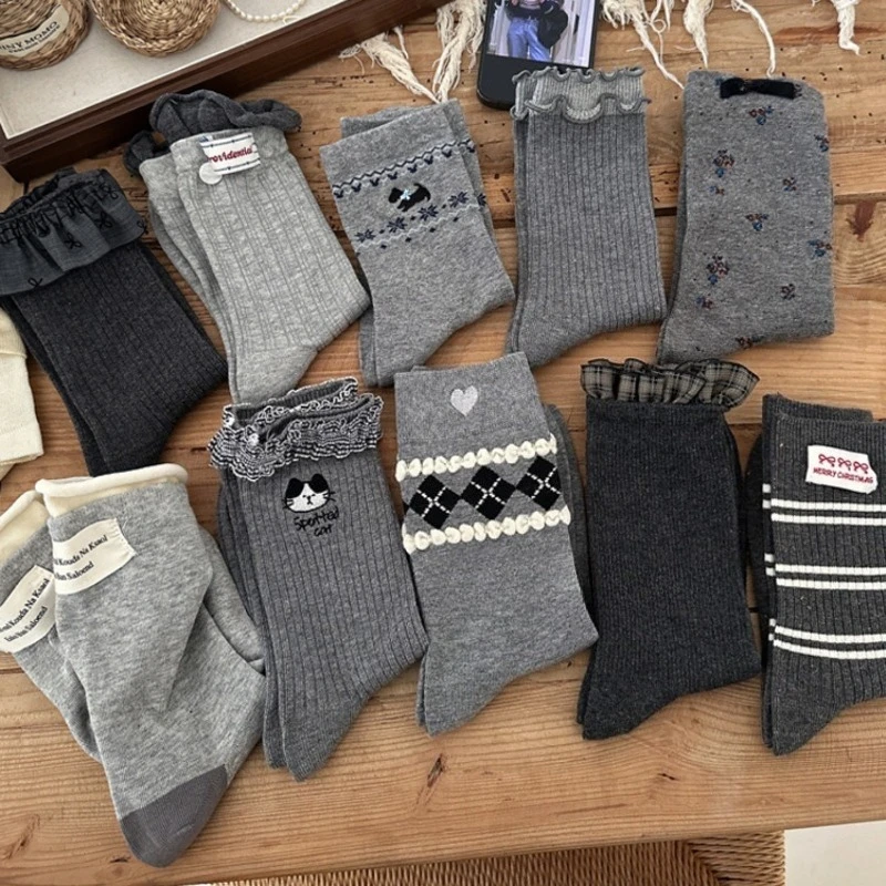 1 paire automne hiver nouveau Style coréen dentelle nœud chaussettes pour femmes coton court Coquette chaussettes gris décontracté chaussettes lâches de haute qualité