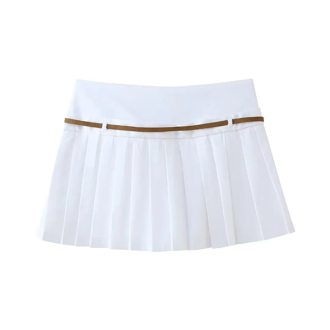 TRAF White Box Pleated Skirt Women Belt Mid Rise Skort Women Summer Office Mini Skirts for Women Streetwear Short Skirts Woman