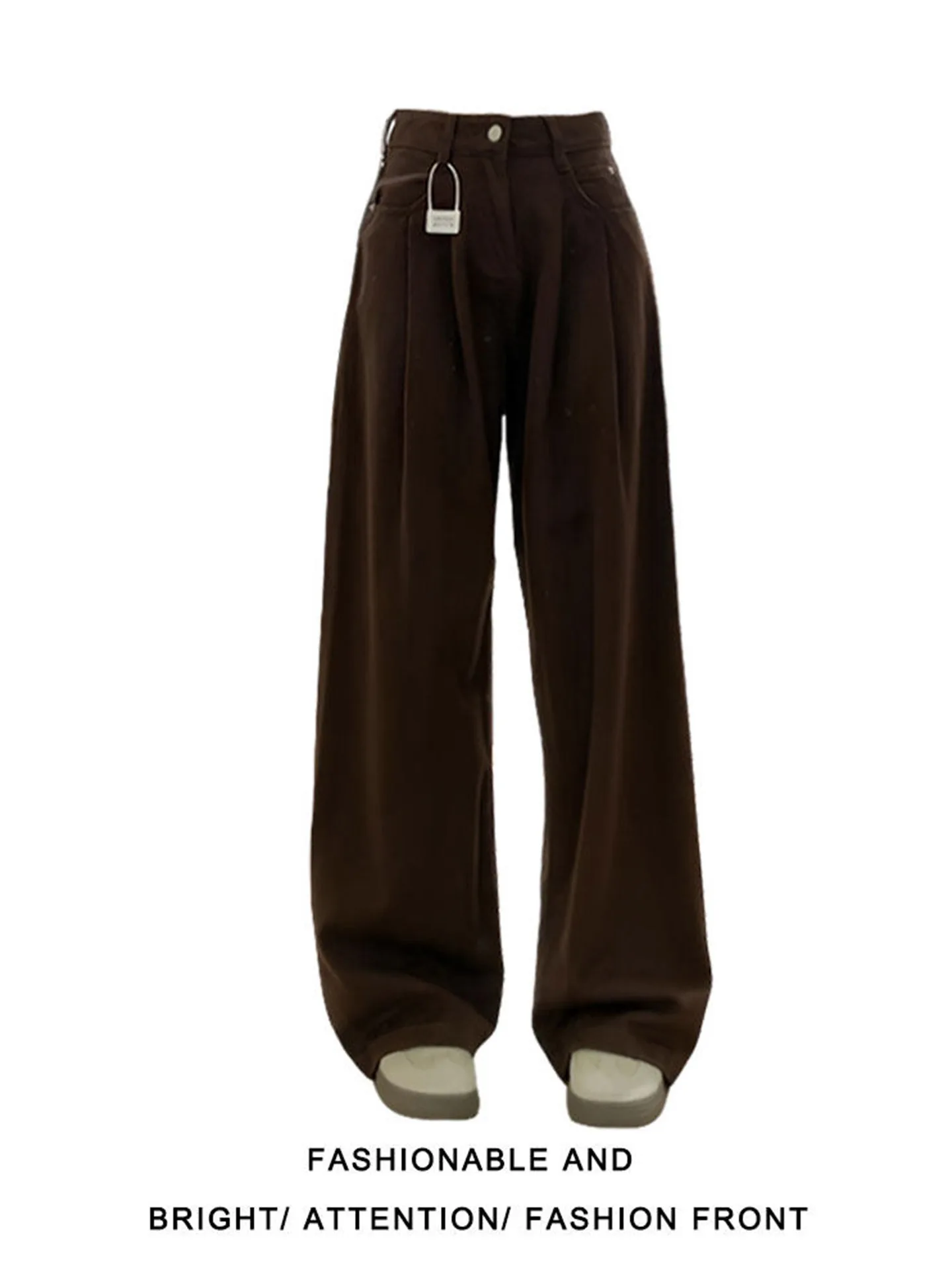 

High Waist Wide Leg Pants Women's plus Size Vintage Loose Fit Straight Cut Trousers Trendy Coffee Color Casual Spring Fashion