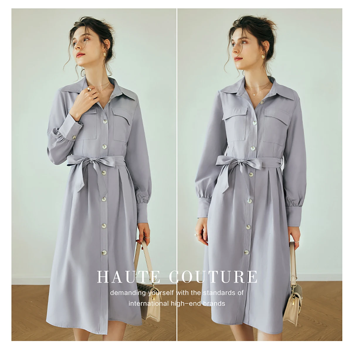 

OLrain French Elegant Shirt Dresses Women's Autumn 2025 Waist Retro Turn-down Collar Dress Long Sleeve Lace-up Dress O23QL80116