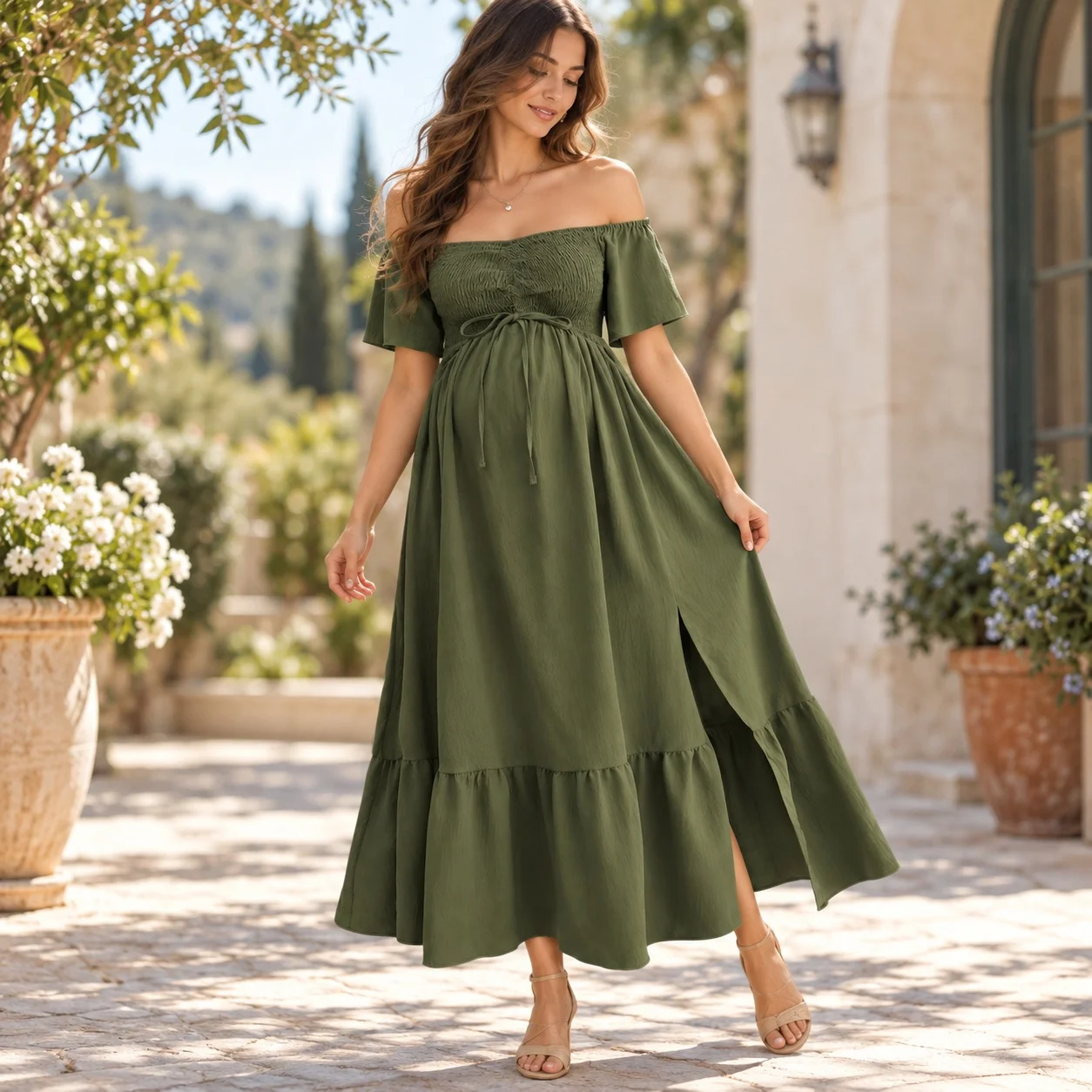 Cap Sleeve Pleated Detail Dress a Line Elegant with Off Shoulder Neckline Seamless Splice Construction Women Summer Dress