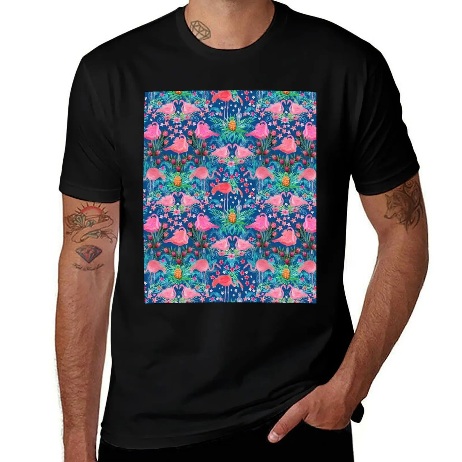 

Paradise flowers with hibiscus pink protea flowers, and leaves Flamingo palm watercolor T-Shirt Summer Holiday T-Shirt