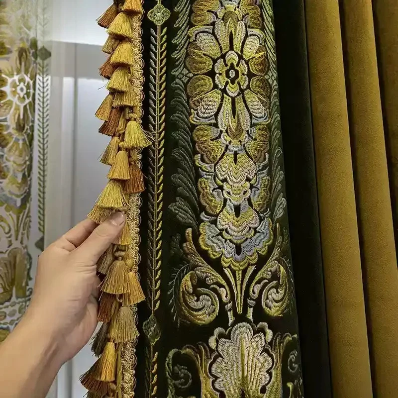 European-style Thickened Velvet Embroidered Lace Golden Curtains Window Curtains for Living Room Bedroom Dining Luxury Decor