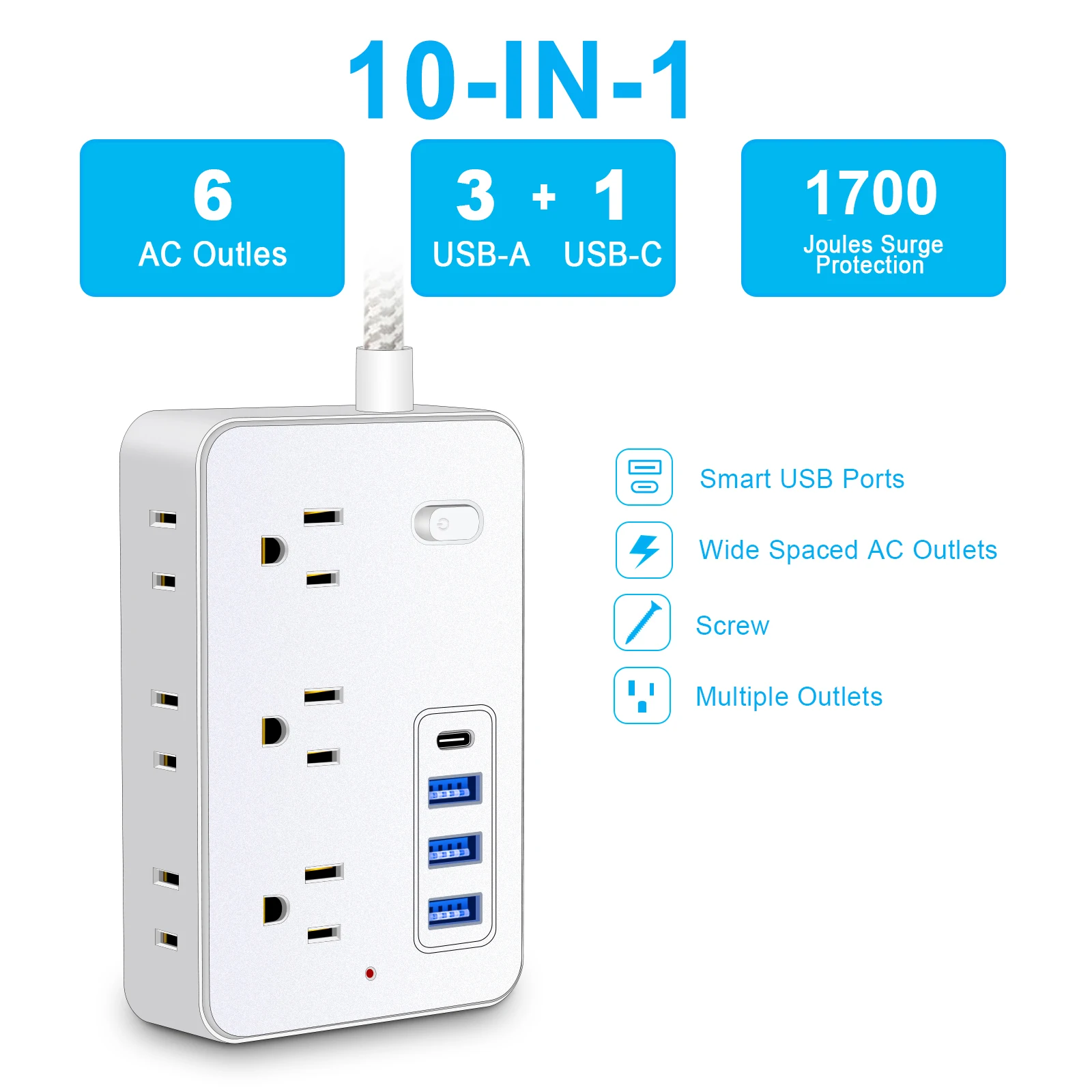 10-in-1 Surge Protector Power Strip with 6AC Outlets,4USB (1 Type-C Ports) | 5FT Compact Multi-Plug Outlet Extender with Flat Pl
