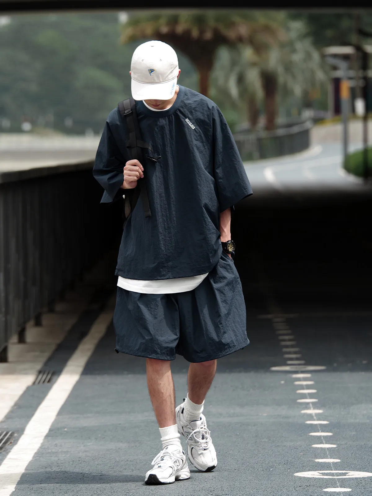 Japanese-style Loose-fit Water-resistant Short-sleeve Tees Men's Streetwear Thin Double-needle Utility T-shirt