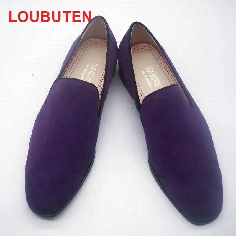 LOUBUTEN Fashion Dark Purple Suede Loafers Men Casual Shoes Slip On Leather Men ShoesHandmade Red Bottoms Dress Shoes