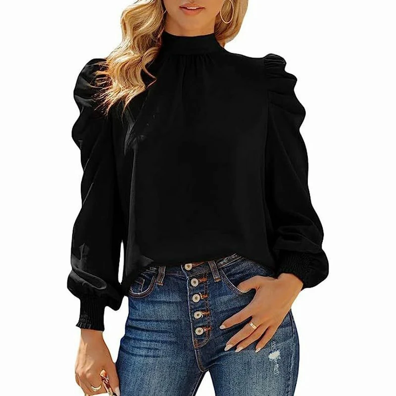 Damen Puff ärmel Blusen verspotten High Neck Plissee Top Bluse elegante Langarmhemd einfarbige Pullover Shirts