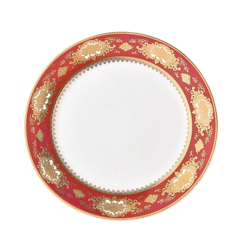 

Chinese Style Bone China Design Plates classical Red Relief Gold Flower dinner set food Plates Ceramic