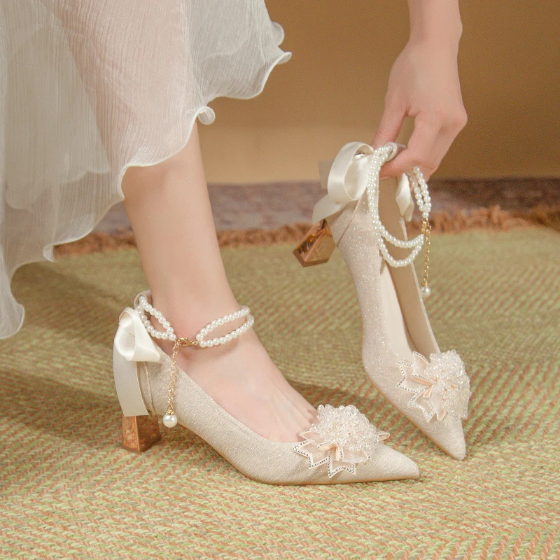 Autumn Women's Two-Wear Shallow-Heeled Pointed Single Shoe Comfortable Pearl Fresh Bridesmaid Engagement Women's Shoe