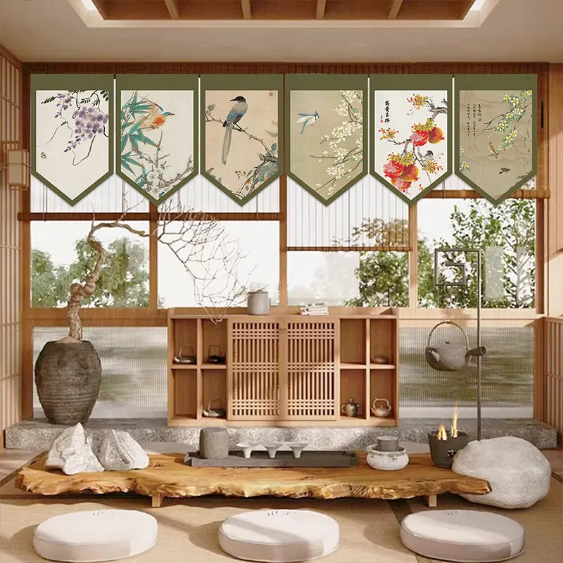 

New Chinese Style Ink Scenery Hanging Half Curtain Noren Kitchen Partition Home Decor Triangle Flag Restaurant Teahouse Drapes