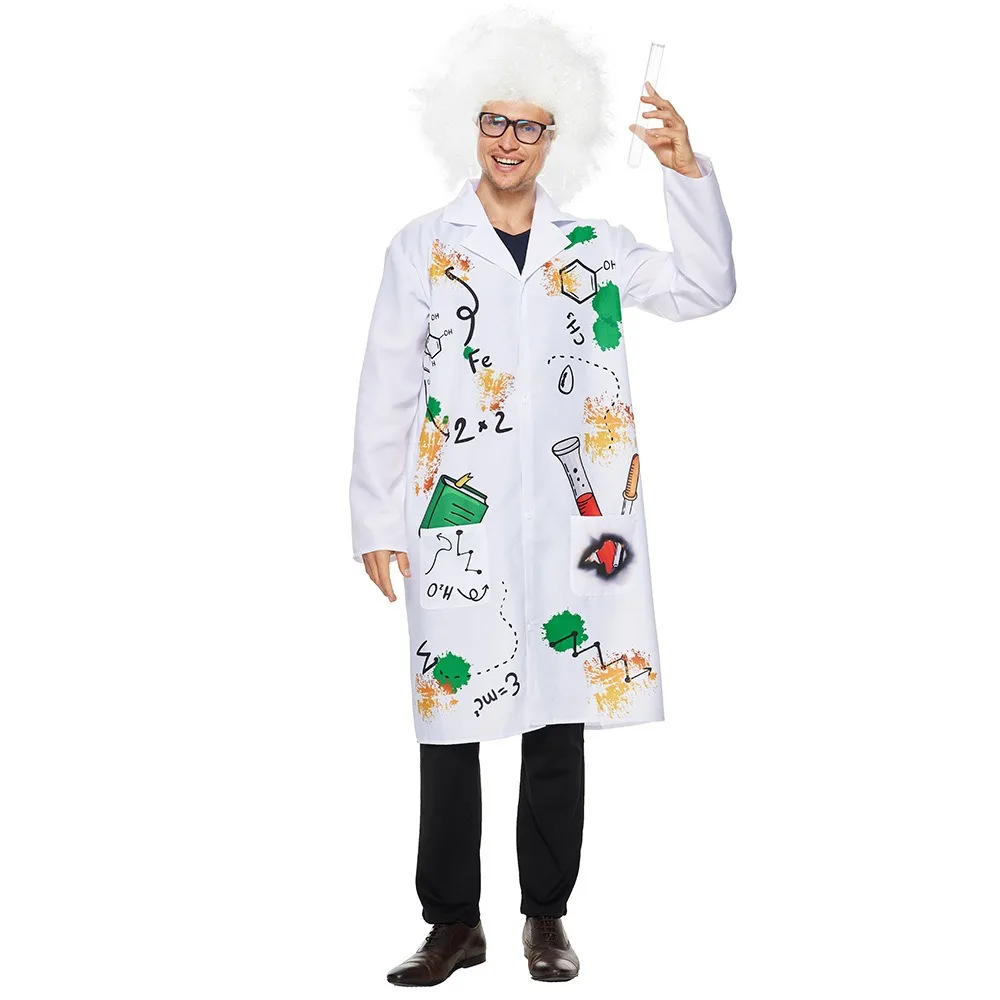 

Male crazy scientist costume, adult laboratory coat with wig