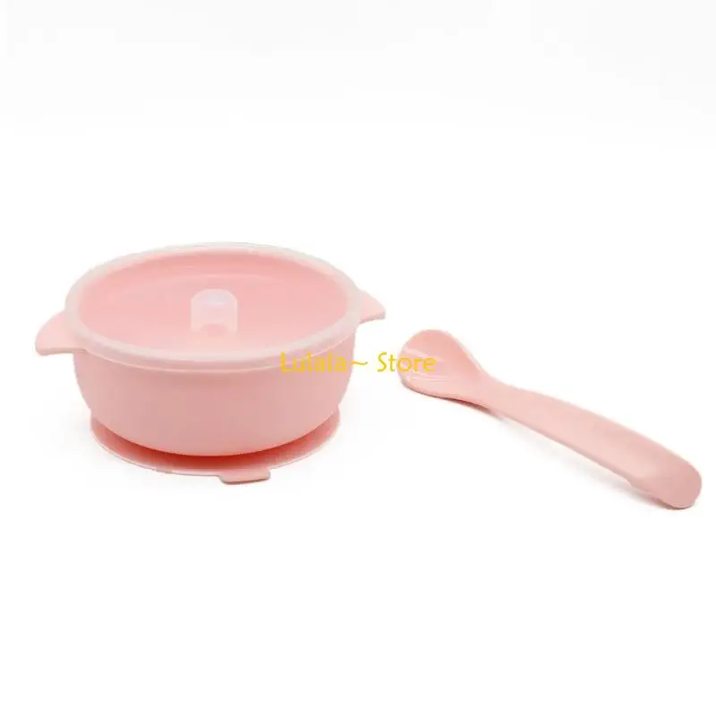 

Y4QA 2 Pcs BPA Silicone Waterproof Baby Suction Bowl with Lid Training Spoon Set Non-Slip Learning Feeding Dish