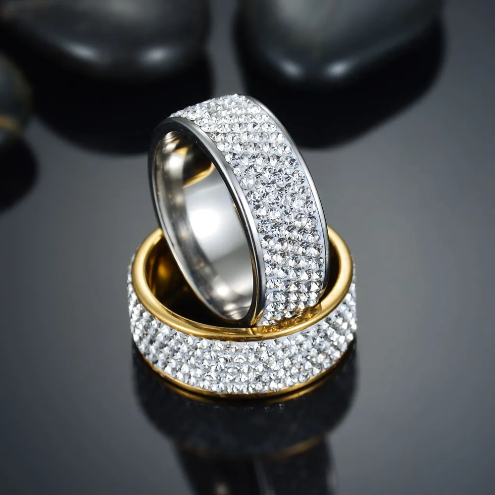 5 Row Lines Clear Crystal Wedding Rings For Women Fashion Rhinestone Stainless Steel Female Teen Engagement Finger Jewelry