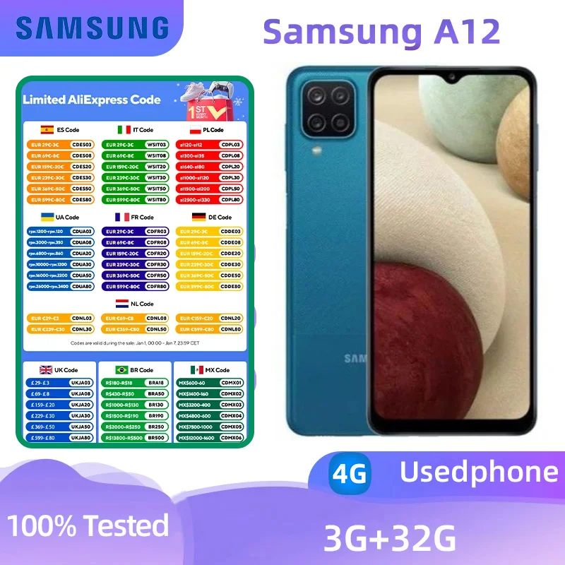 Samsung Galaxy A12 4g Smartphone Helio P35 32GB 6.5-inches Screen 48MP Camera Android Original Used Phone