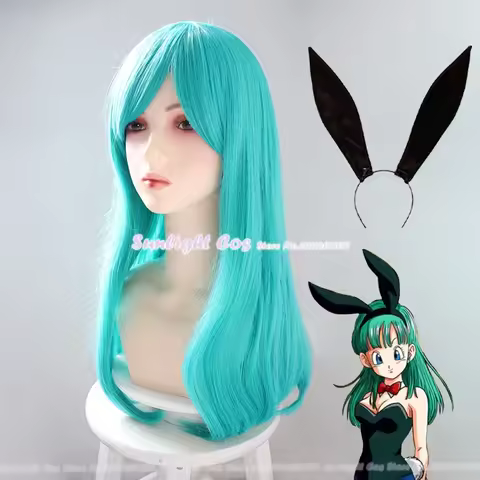 In Stock Anime Dragonball Bulma Buruma Cosplay Wig 65cm Long Green Women Hair Heat Resistant Party Wigs Bunny Ears+ Free Wig Cap