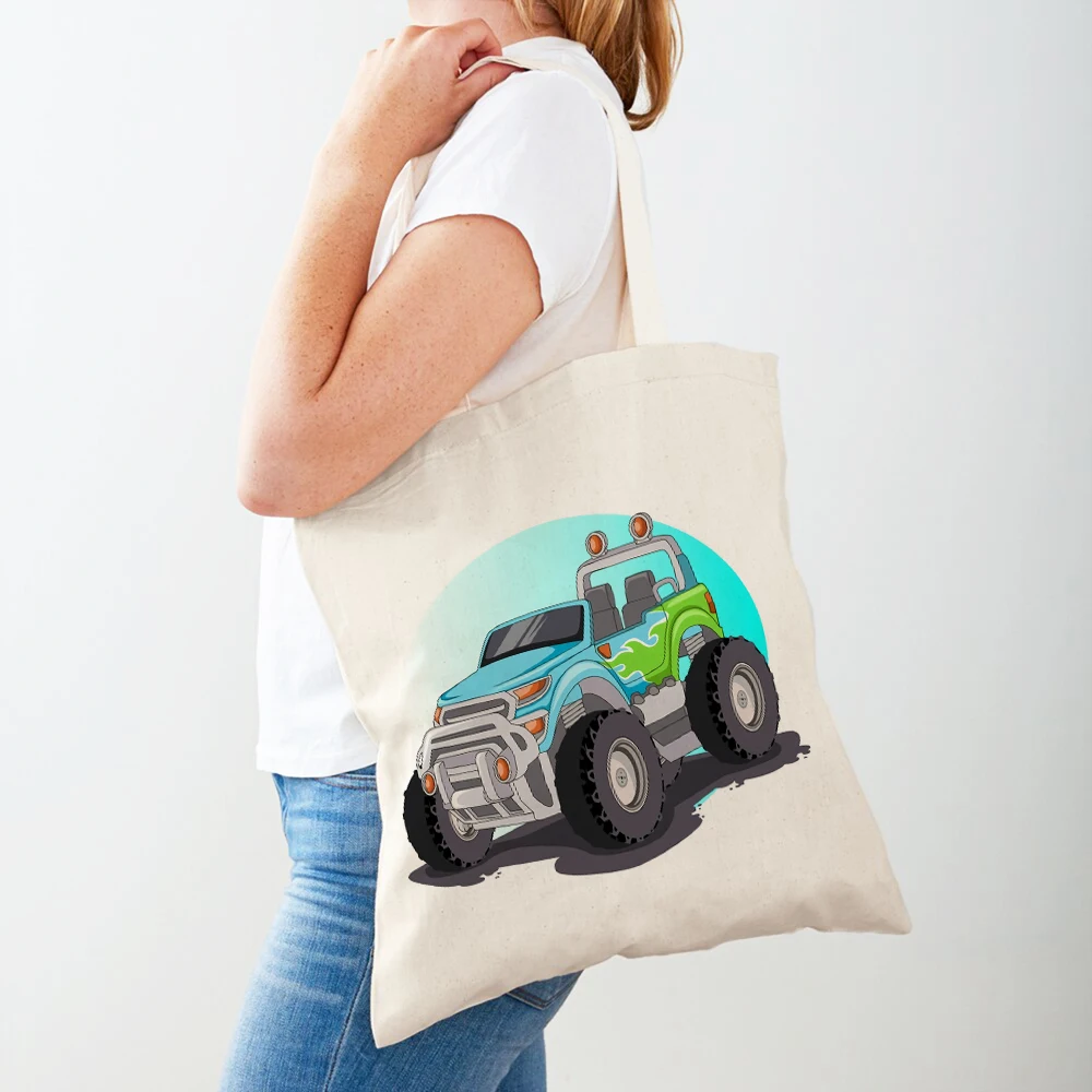 America Monster Truck Tote Handbag Shopper Bag for Women Casual Cartoon Car Both Sided Fashion Lady Canvas Shopping Bag