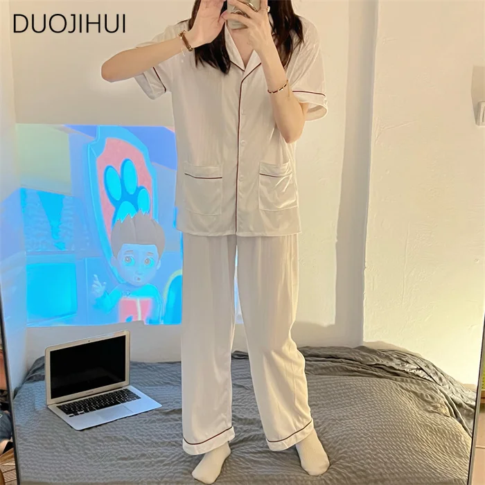 DUOJIHUI Two Piece Simple Casual Home Pajamas for Women Summer Ins Chicly Button Cardigan Basic Pant Fashion Female Pajamas Sets