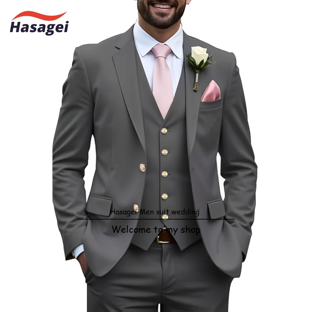 

Formal Men's 3 Piece Suit Slim Fit Wedding Groom Suits for Men Gold-Button Single Breasted Blazer Vest Pants Men Suit Set