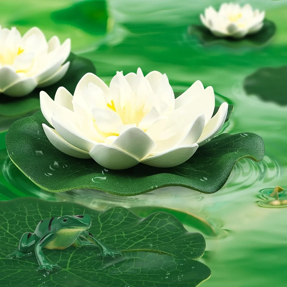 12 piece artificial lotus and leaf set - outdoor garden, swimming pool - fish pond decoration-White