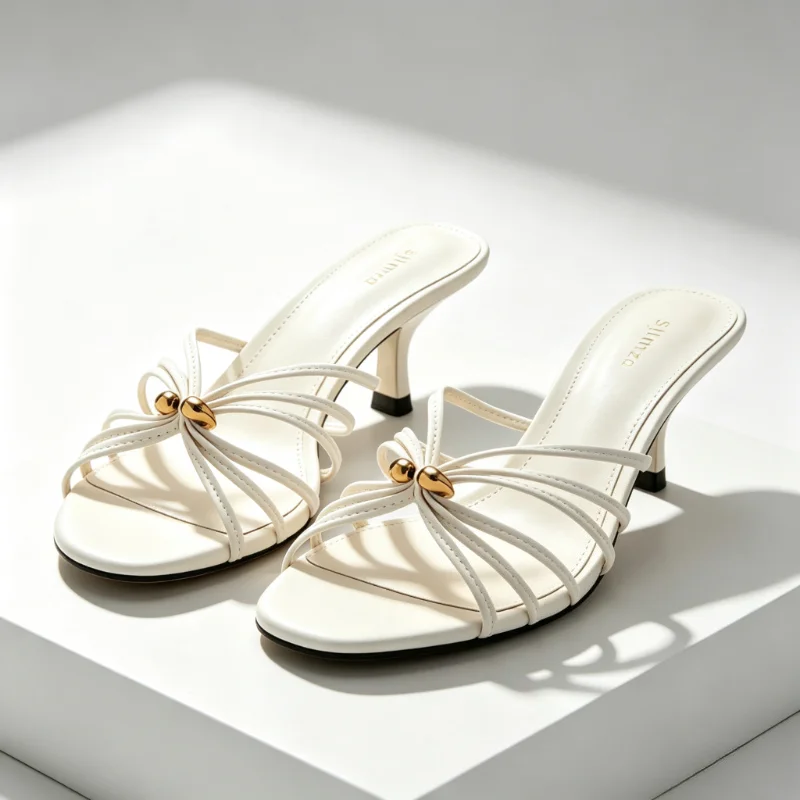 

White Narrow Band Design Mid Heel Women's Slippers Sexy Open Toe Slide Sandals for Ladies Metal Embellished Thin Heeled Sandals