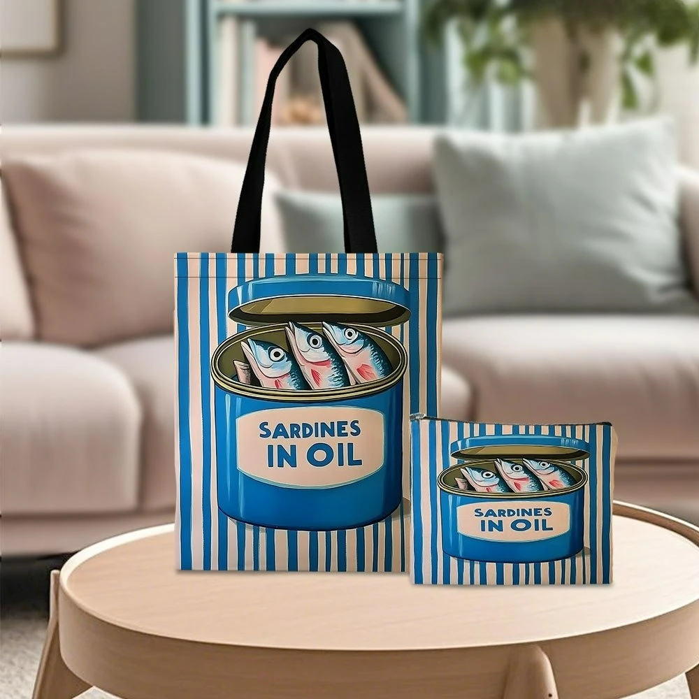 

Sardines Oil Can Art Большая сумка Пляжная сумка с косметичкой Повседневная многоразовая сумка для покупок Сумка на плечо Дорожная косметичка Подарок