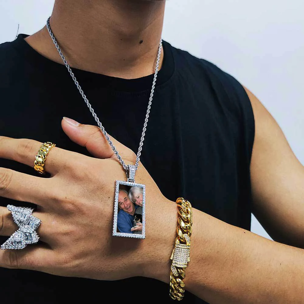 Collier pendentif rectangle photo sur mesure pour hommes, bijoux Hip Hop, image de mémoire, cadeau