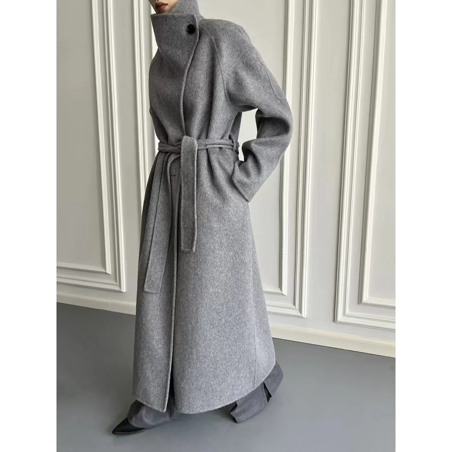 

Allingentle Luxury Women's Long Blazer Woolen Fashion Jacket with Belt for Cocktail Party Daily Casual Outfits Customize