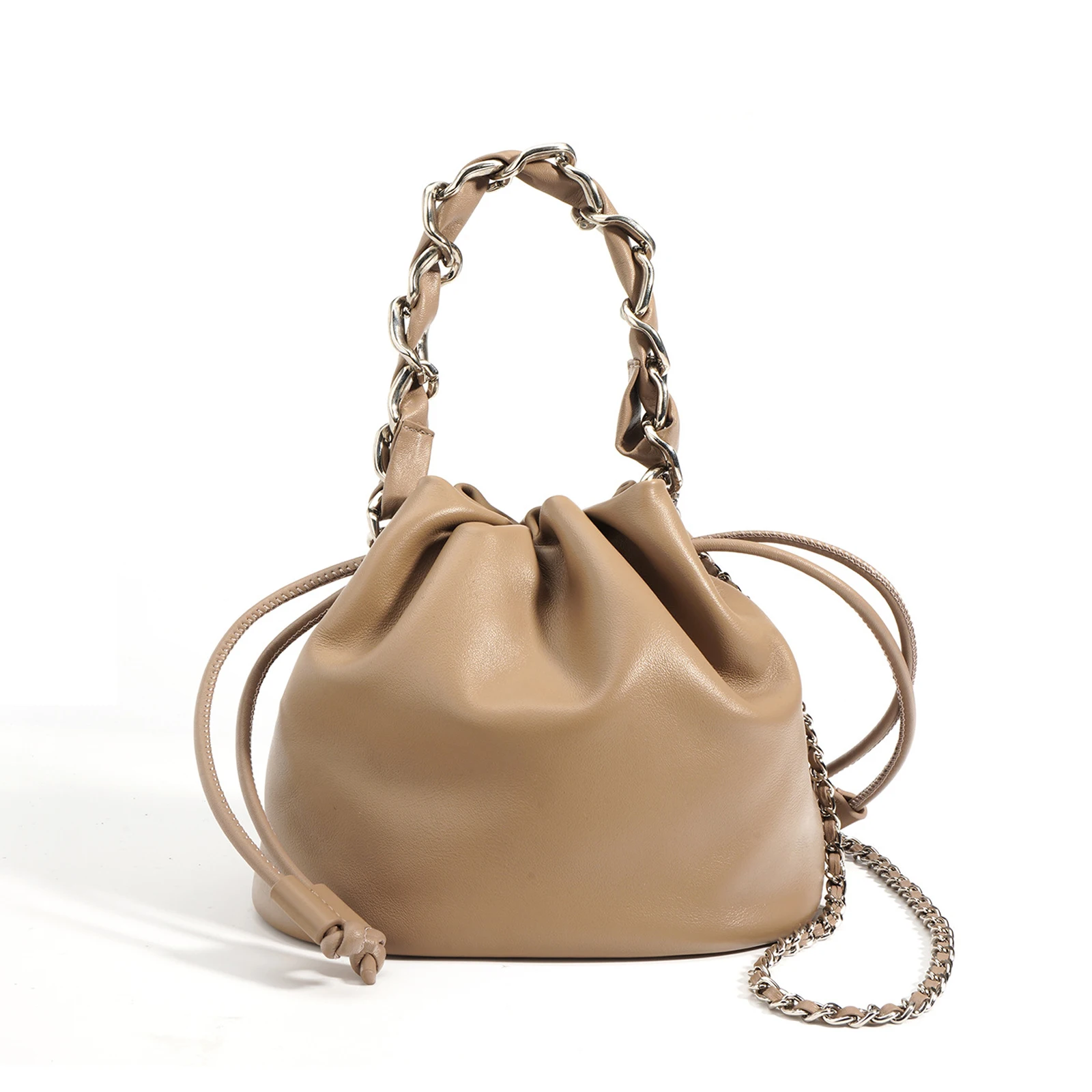 

Fashion Versatile Crossbody Hobo Bag Genuine Leather Chain Strap Shoulder Purse Drawstring Handbag for Women