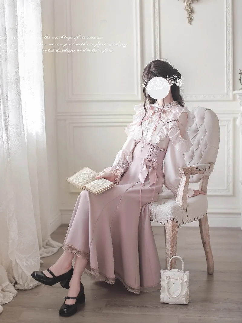 Japanese Rojita Mini Series SC Pink And White Blouse Mass-Produced Elegant Mermaid Skirt Long Sleeves Single-breasted Shirt Girl