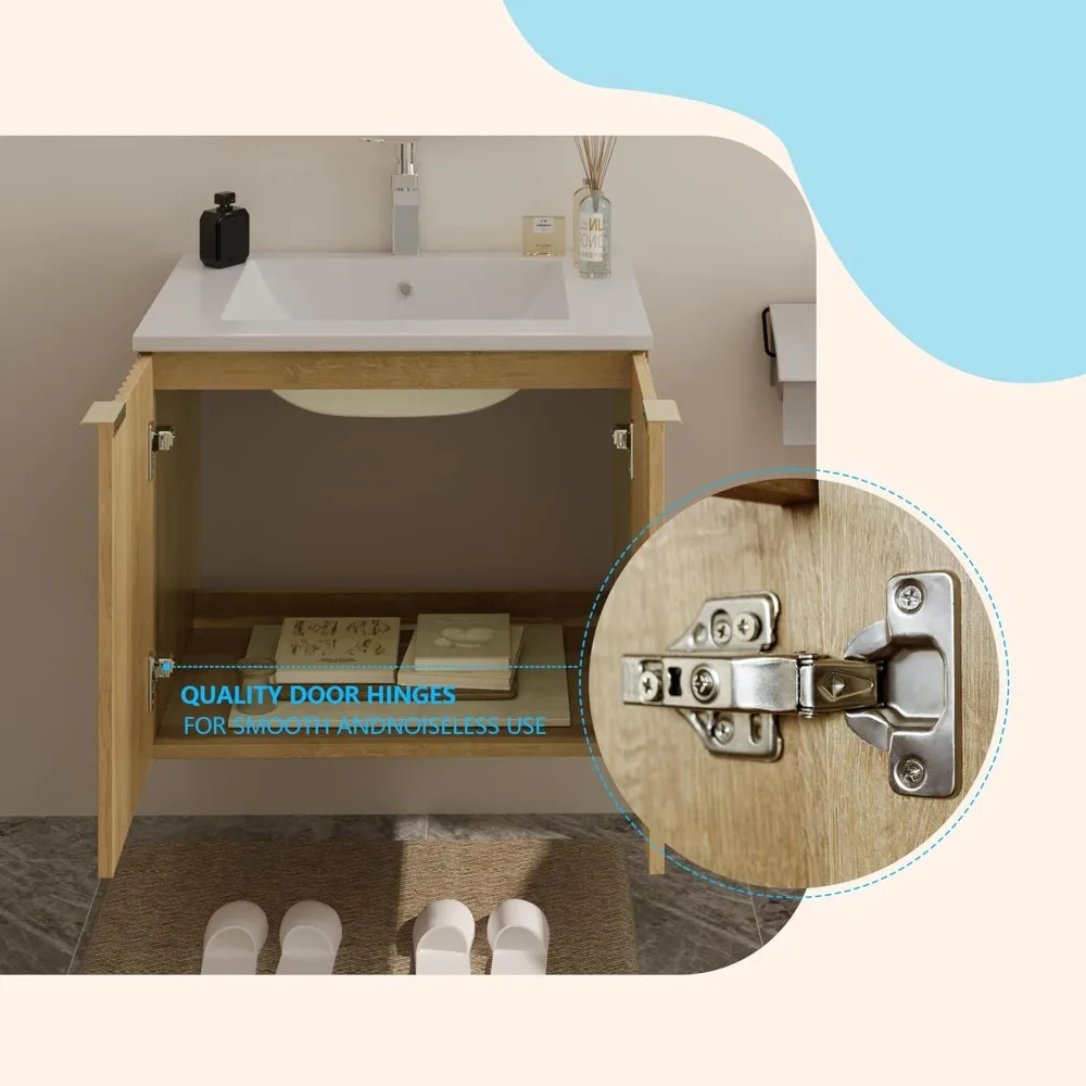 Mobile da bagno moderno con lavabo e ante testurizzate ondulate - Mobiletto galleggiante a parete, contenitore impermeabile con chiusura ammortizzata