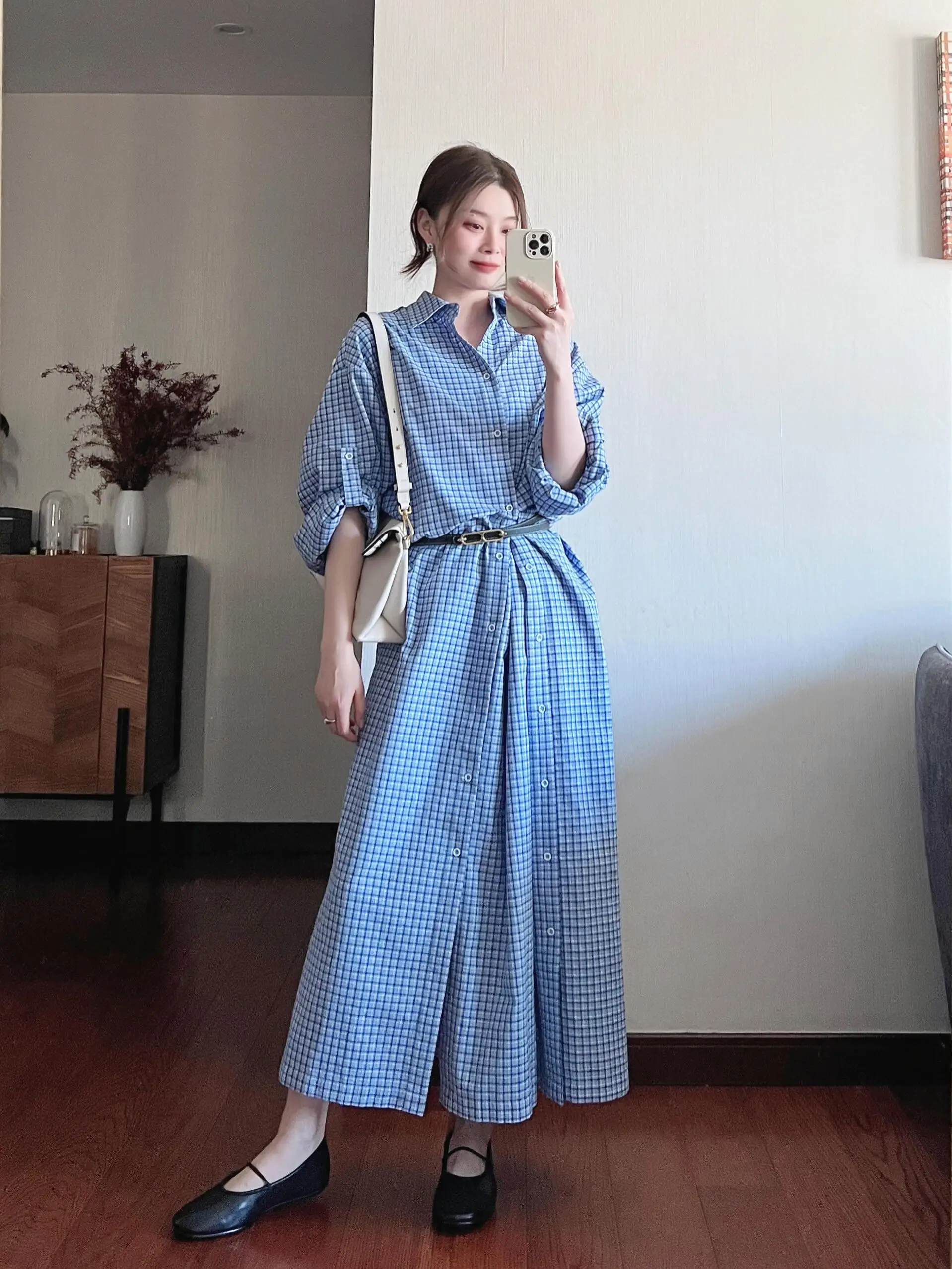 

Blue Plaid irt Dr Long Sve Turn-down Collar Loose Comfortable Sle Women's Spring Autumn A-line Dr Single Piece