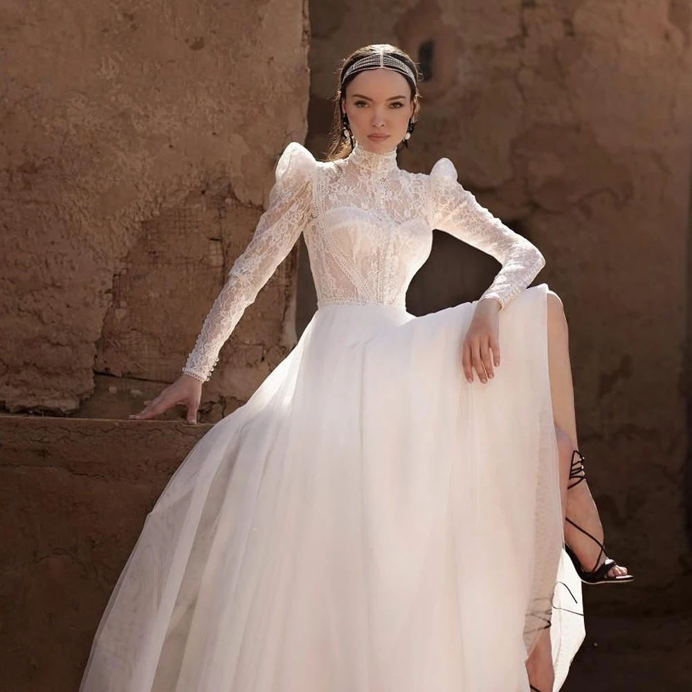 แขนยาวชุดแต่งงานสายคอที่กําหนดเองเจ้าสาว Grown Applique ลูกไม้ Tulle ภาพลวงตาซิป Vestido de novia