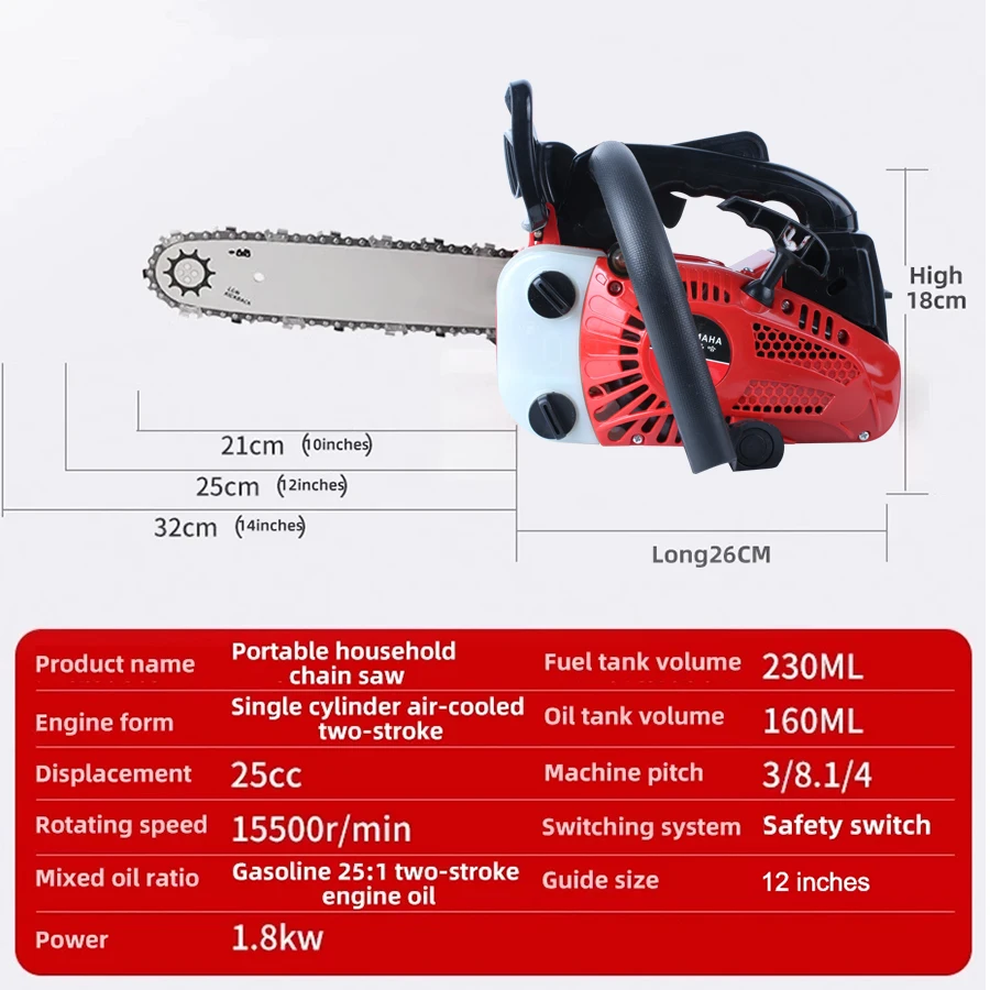 1800W Gasoline Logging Chainsaw Portable Single Handheld Saw Powerfull Mini Gasoline Saw Logging Chainsaw 25CC 15500RPM