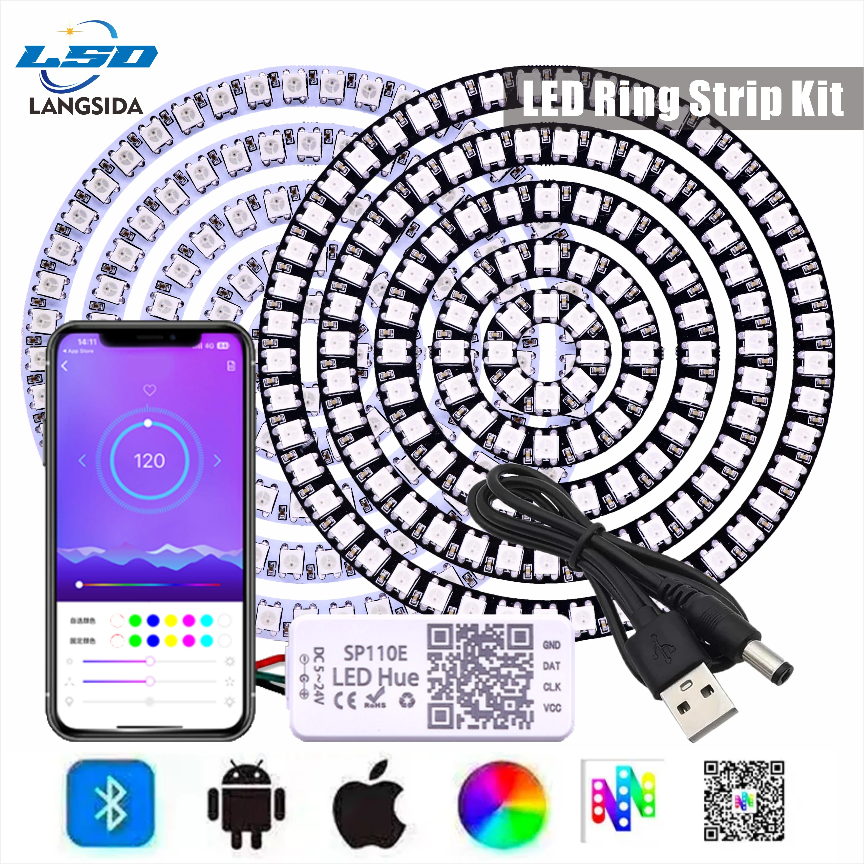 

5V LED Ring WS2812B with SP110E Bluetooth SET RGB 8/16/24/35/45/128LED Addressable Pixel Ring Light App Controller 5050 LED Ring