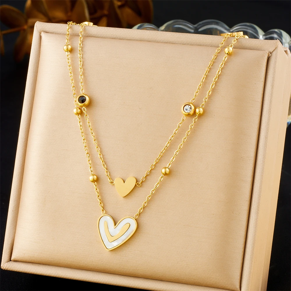 DIEYURO 316L Stainless Steel White Shell Heart Zircon Double-layer Necklace For Womens Girl New Fashion Neck Chain Jewelry Gift