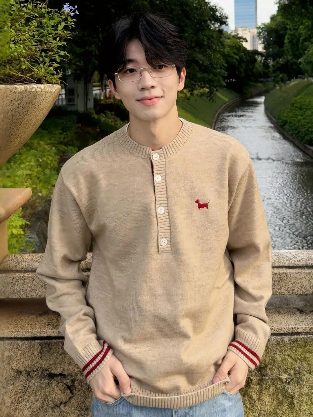 

Khaki Dog Embroidery Henry Collar Men's American Preppy Sle oulder Stripe Color Blo Brown Knitted Sweater Winter Sport