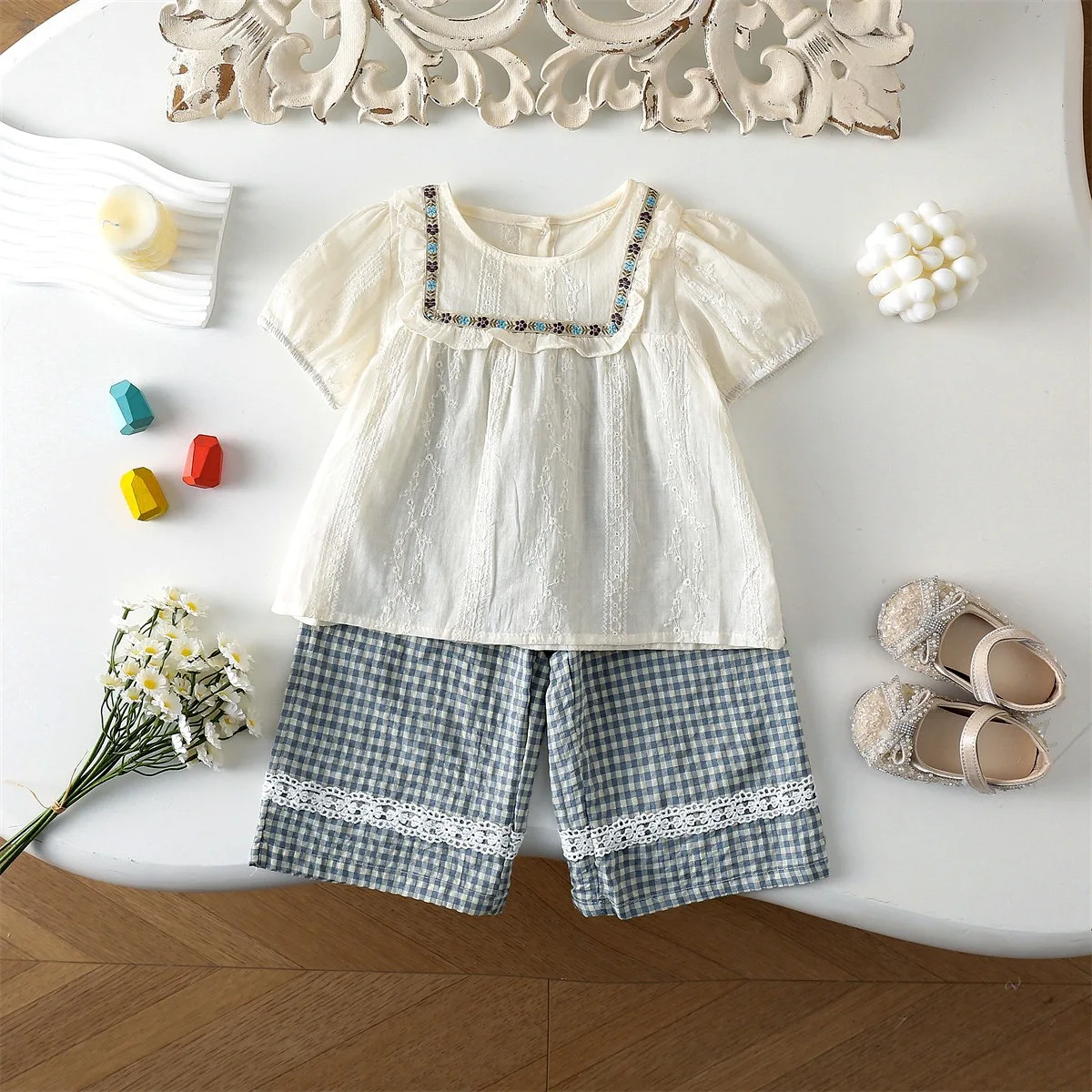 Girls Summer Outfit Set – Short Sleeve Lapel Blouse & Elastic Waist Pants, Casual Two-Piece Clothes for Toddlers (2-6Y)