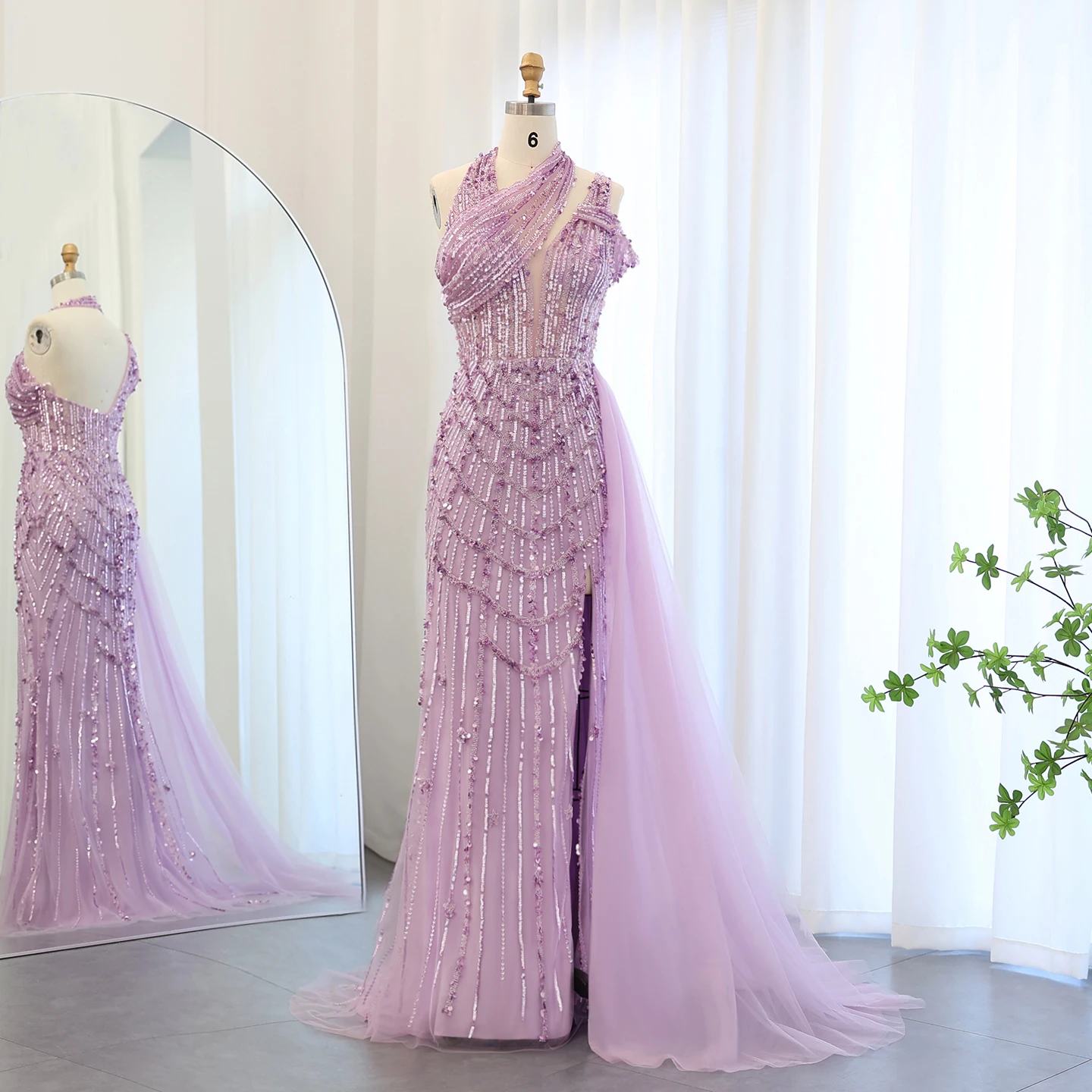 

Sharon Said Luxury Beaded Lilac Mermaid Halter Evening Dress with Overskirt Side Slit Dubai Wedding Party Dress SS180 Customized