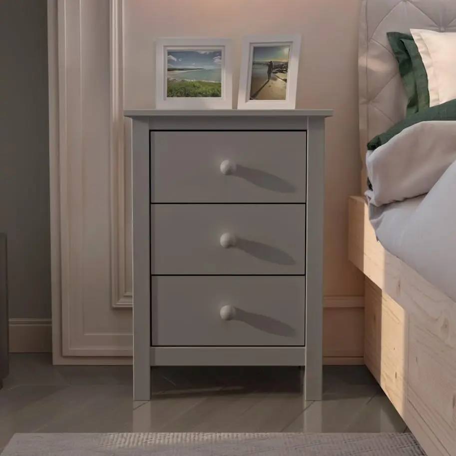 Solid Pine Wood Nightstand with 3 Drawers & Spacious Storage, Sustainable Gray Bedside Table for Bedroom, Customized