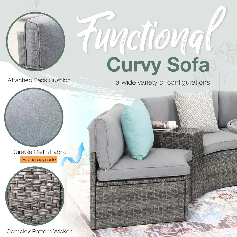 Muebles de patio de media luna de 2 piezas para exteriores, sofá curvo para exteriores, conjunto seccional de mimbre con cojines grises