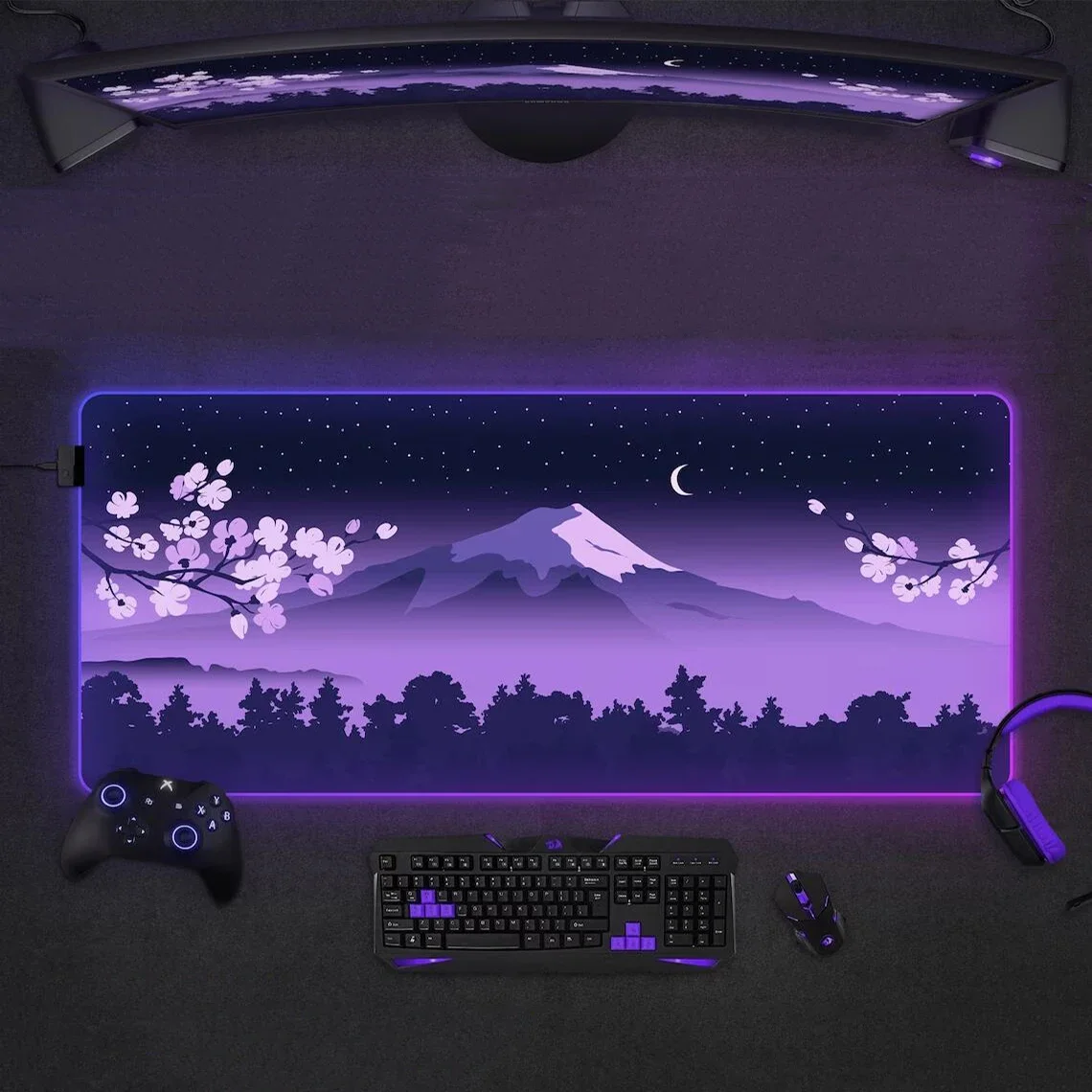 Purple Mouse Pad RGB Fuji Desk Mat Gaming XXL Mousepad Japanese Night Pink Black Mountain Landscape Large LED RGB Gaming Deskmat