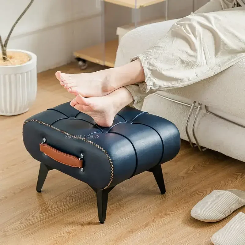 

Light Luxury Doorstep Shoe Changing Ottomans Living Room Coffee Table Low Soft Bag Small Stool Footrest Stools Oil Wax Leather