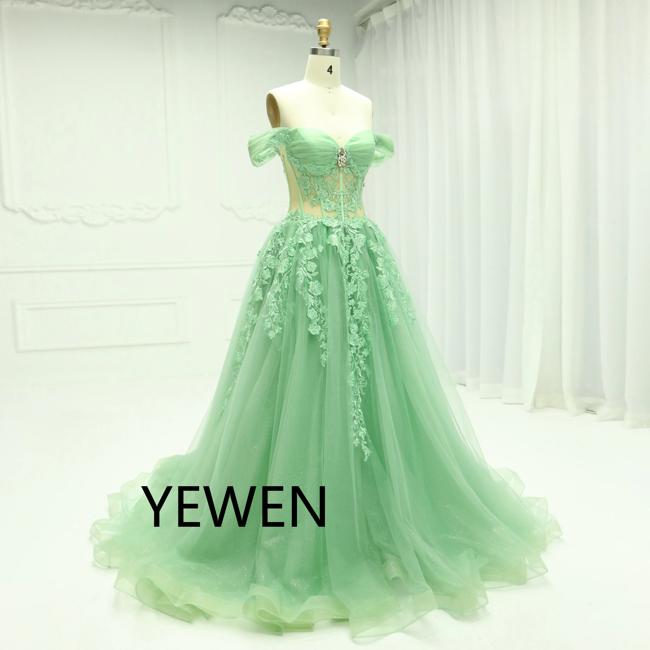 A Line Sage Green Off-Shoulder Prom Dress with Emboidery Lace Photo Shoot Photography Props Dress Custom Colors YEWEN YE2531