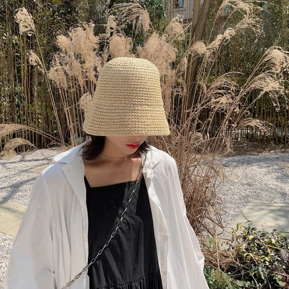 Women Fisherman Hat  Fashion Straw Beach Hat Casual Vacation Summer Sunscreen Hats Hand-woven Bucket