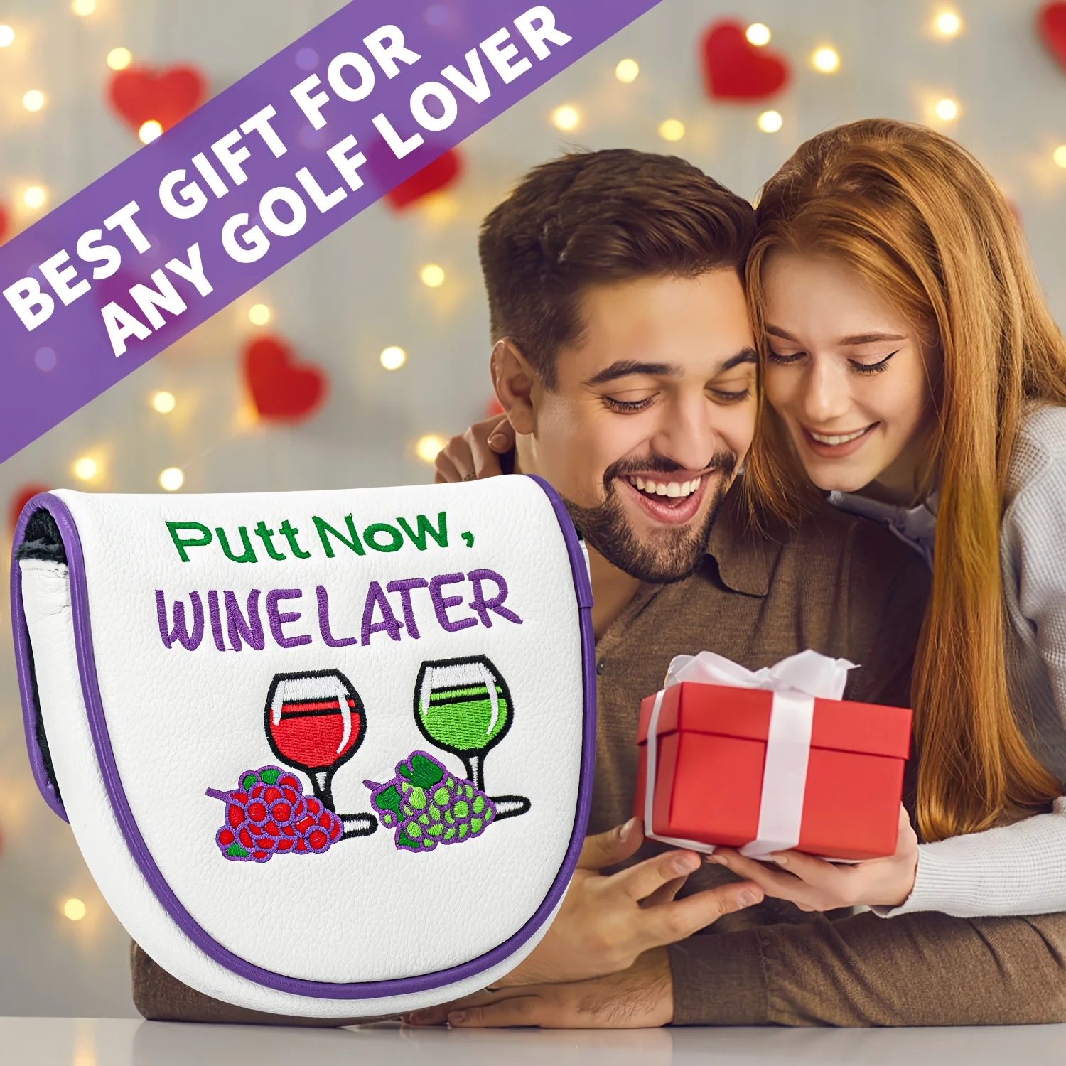 1pc Wine Design Style Club Head Cover, Half Circle Putter Head Cover, Club Head Cover - PU with High-End Embroidery,