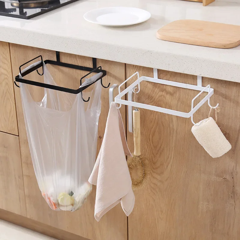 Kitchen Garbage Bag Holder Iron Hanger Metal Trash Rack Cupboard Door Back Hanging Kitchen Storage Trash Rack Accessories Tools