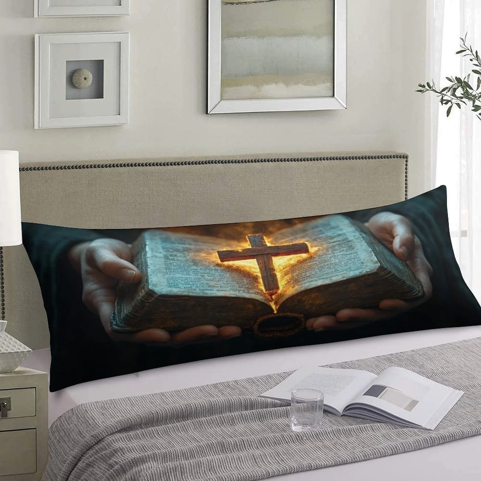 Extra Long Pillowcase - Large Bible Design Christian Religious Bed Cover, with Open Book And Hands Holding Bible Pattern, Soft P