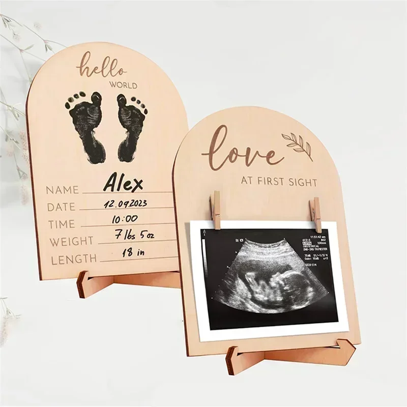 

Wooden Baby Ultrasonic Commemorative Vertical Wooden Plaque with Printed Photo Frame on Both Sides Newborn Souvenir